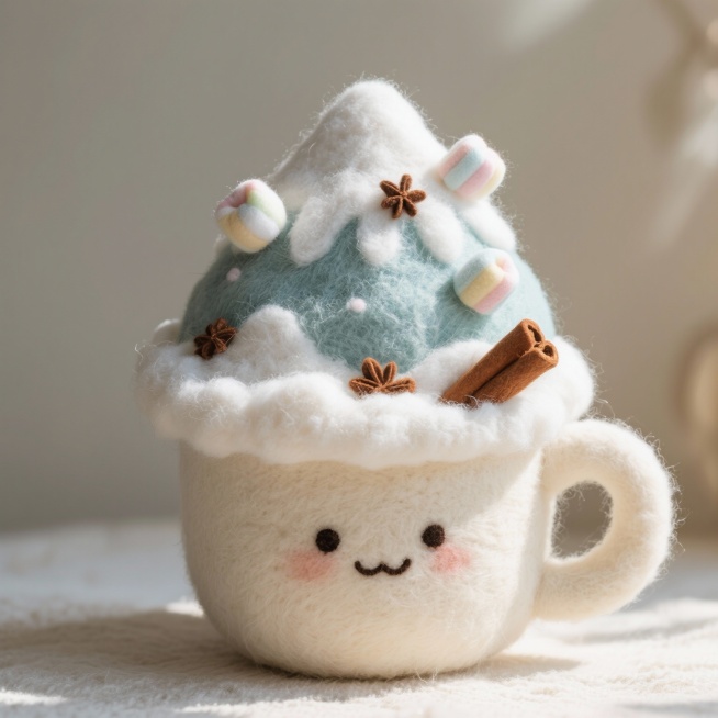 一个用米白色超柔短绒布缝制的马克杯造型抱枕，杯口的“奶盖”是蓬松的白色羊羔绒，堆积成不规则、充满动感的雪山形状，上面用胶水固定着几颗微小的毛绒“棉花糖”和“肉桂棒”，整体呈现温暖可爱的质感预览效果