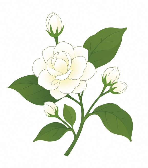 参考图片风格，绘制一串茉莉花，去掉所有文字，只保留茉莉花和枝叶，保持原来的扁平国风插画风格预览效果