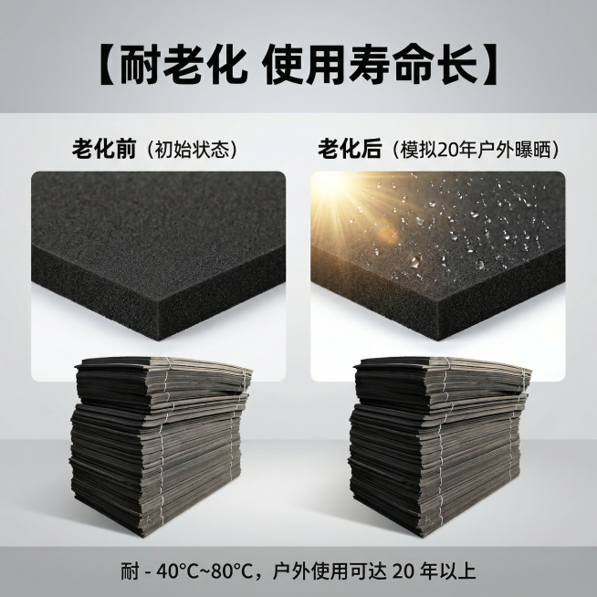 生成1:1竖版电商主图，严格还原上传的黑色聚乙烯闭孔泡沫板产品图，保留包装设计、颜色、LOGO位置、文字内容、图案元素所有细节。主标题顶部居中：【耐老化 使用寿命长】，使用加粗白色无衬线字体；中间区域预览效果