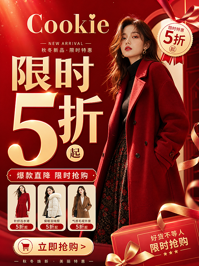 Cookie女装折扣促销单图海报，手机端，红色喜庆风格，大字体文字"限时5折起"，搭配女装商品图，吸引点击，品牌Cookie突出