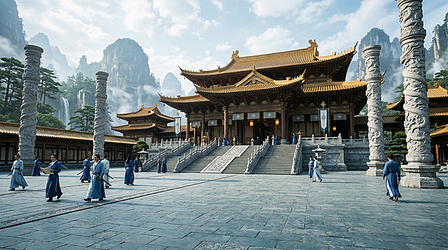 东方仙侠世界观青玄宗大殿外广场，地面铺满哑光青色玉石的开阔玉石广场，广场两侧对称立着雕刻精美的盘龙石柱，背景是恢弘大气的青玄宗主殿，飞檐翘角，鎏金瓦顶，木质斗拱结构精致，殿宇高挑巍峨，广场边缘有层层石阶，日光落在建筑上形成清晰的明暗光影，整体氛围庄严肃穆，仙气缭绕，画面空间开阔，细节丰富