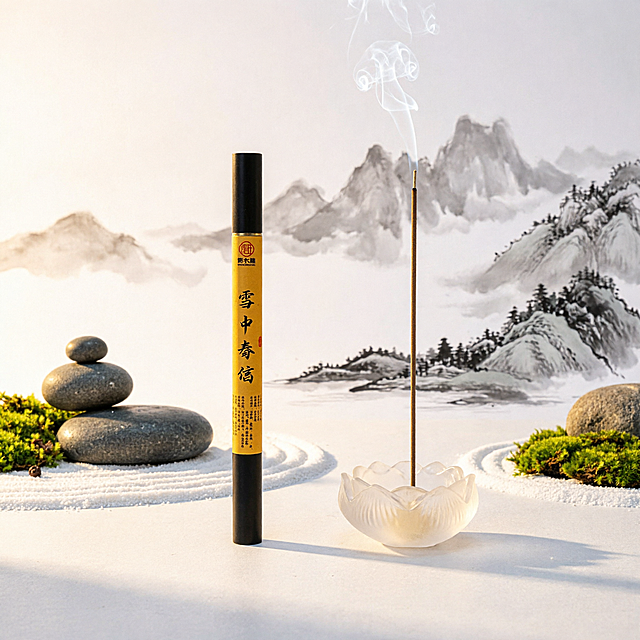 将背景替换为古风简约新中式禅意背景，保留原产品香管与琉璃香座完整不变，画面雅致静谧，暖调柔和光影