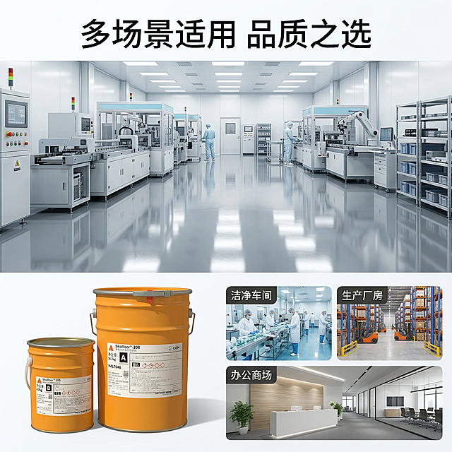 [垫图]https://gdesign-dam-hz.dancf.com/35951153654127665/8ef16580f3364cf5a0dc41ccb9d17c93.jpg
[主图主题]Sikafloor®-2088适用场景展示主图
[氛围/风格]明亮通透，真实场景感
[画面元素]画面采用上下拼图布局：上半部分60%为现代化电子洁净车间实景，地面是平整光亮的环氧地坪，整洁有序；下半部分40%左侧放置产品双桶，右侧搭配医药厂房、仓库、办公室三个场景的小缩略图，直观展示适用场景
[配色色系]主色调：灰色（地坪）、橙色（产品）；辅助色：白色、浅蓝色（车间色调）
[视角构图]整体平视，场景真实自然，产品与场景融合协调
[文字版式]顶部主标题“多场景适用 品质之选”，下方三个小缩略图旁分别标注“洁净车间”“生产厂房”“办公商场”，字体为无衬线白色字体，叠加在场景上方留白处，不遮挡主体
[比例分辨率]1:1比例，2K分辨率