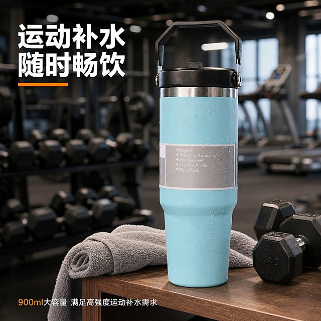 [主图-11] 运动健身场景 健身房使用
[统一基调] 淘宝天猫专业品质风格 现代健身房场景 主标题白色粗黑体 辅助文案浅白 强调色活力橙 整体明亮动感
[画面] 浅蓝色保温杯放在健身房器械旁的木质置物架上 背景是虚化的哑铃和跑步机 运动毛巾搭在旁边 杯身有细微汗珠表现冰爽感 占画面50% 左上角标题"运动补水 随时畅饮" 底部小字"900ml大容量 满足高强度运动补水需求"
[光影质感] 健身房明亮灯光 杯身水珠晶莹剔透 磨砂漆面遇水质感真实
[配色] 健身房深色工业风背景 浅蓝色杯身突出 文字白色 强调色活力橙
[文字版式] 左上标题 底部小字 简洁有力
[输出要求] 1:1比例 场景真实 水珠效果自然 产品融入环境 无悬浮 无水印 无平台Logo