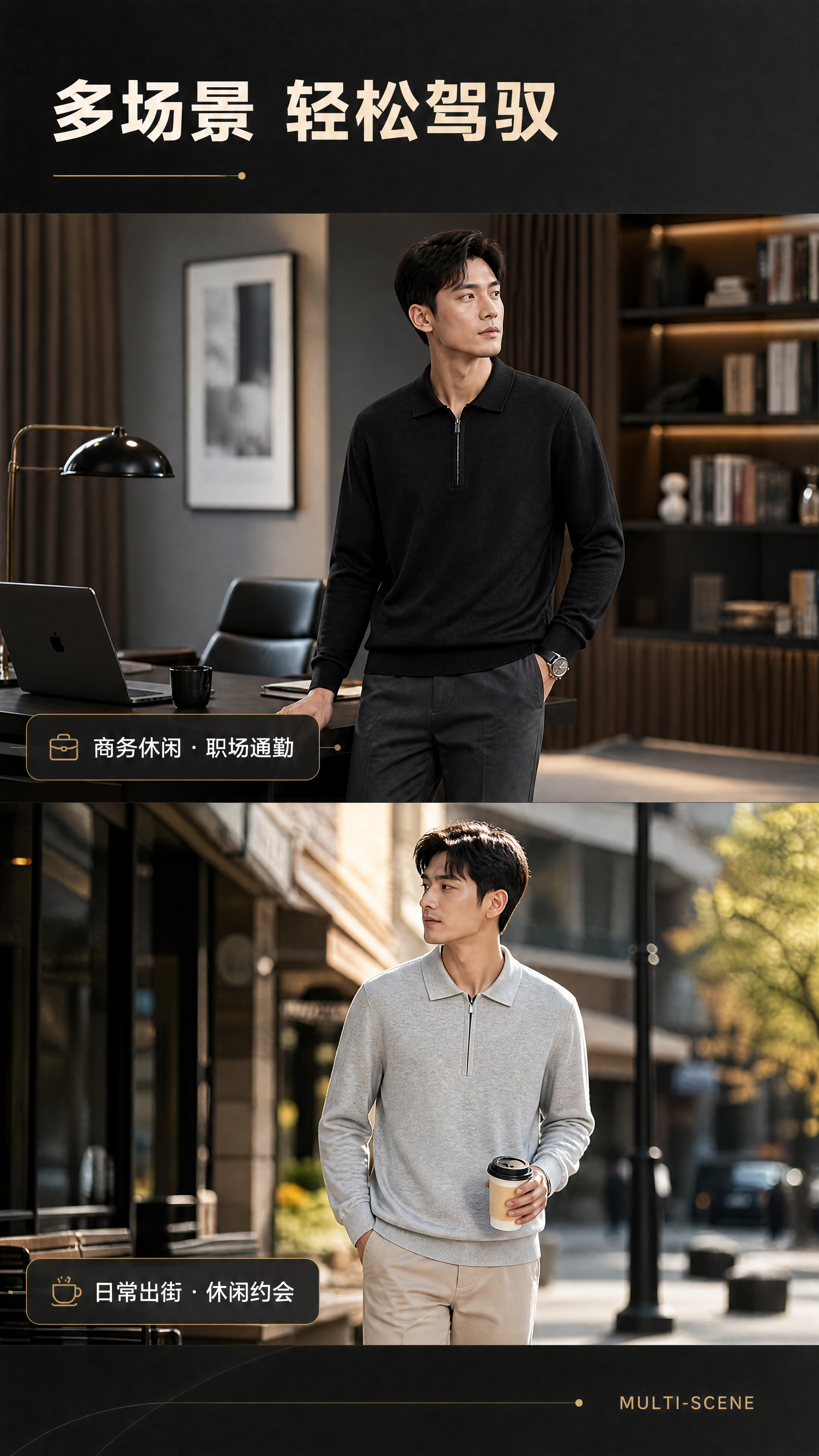 [商品] 使用【图4】黑色、【图5】浅灰色男士半拉链翻领针织p… - 图片创意预览