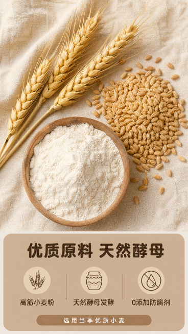 [第2屏] 原料成分展示屏，展示优质高筋小麦粉制作的手工欧包面包。
[氛围/风格] 自然原生态风格，干净朴实摄影质感，突出原料新鲜天然。
[元素布局] 画面上半部分放置三颗完整小麦穗和一小堆高筋小麦粒预览效果
