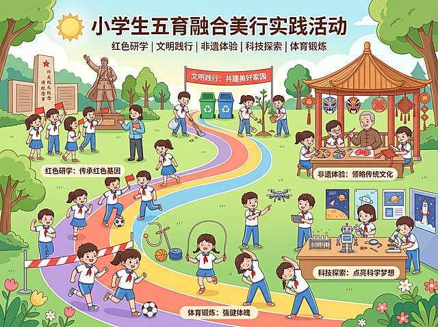 小学生德智体美劳五育融合美行实践活动主题插画，包含红色研学、文明践行、非遗体验、科技探索、体育锻炼五个维度场景，一群小学生积极参与实践活动，阳光明快的户外风格，体现多元育人内涵