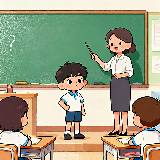 Modern flat animation style, bright soft pastel tones, a bit of noise texture, cute cartoon elementary school students, bright clean cartoon classroom, medium shot, clean lines, high detail, no complex background, no text. The teacher points to a question on the blackboard, a little boy stands up and answers confidently