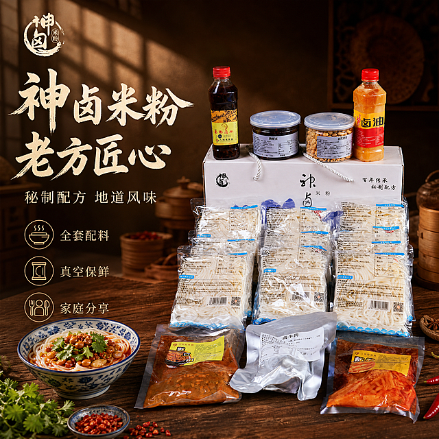 [单张主图] 神卤米粉礼盒套装 高级氛围感主图 首图点击率 突出品质感与食欲感 传递老方匠心秘制配方的地道风味

[画面主体] 画面中央偏右位置摆放完整的神卤米粉礼盒套装，包含白色礼盒、两瓶调味油、两罐配料、多袋真空包装米粉、卤牛肉袋、酸笋配料袋等全部组件，产品外观、包装颜色、标签文字、瓶罐形状与输入产品图完全一致。主体占画面50%-55%，礼盒居中靠后，前方错落摆放米粉袋和配料包，左右两侧放置调味瓶和罐装配料，形成层次丰富的全家福陈列。

[构图版式] 采用左文右物场景型版式。左侧35%-40%区域留白放置主标题与卖点文字，右侧及中部为产品主体区，底部用真实木纹台面承托，整体构图稳重有层次。

[场景元素] 背景为暖棕色中式厨房墙面，带有柔和的窗棂光影效果；台面为深棕色实木纹理，质感温润；产品周围点缀少量新鲜香菜叶、红辣椒段、青花瓷小碗作为装饰道具，营造地道美食氛围；背景有轻微虚化的蒸笼、竹编篮等中式厨具剪影，增加场景深度；整体光线从左上方斜射，形成自然的明暗过渡。

[文案版式] 左上角放置品牌圆形印章Logo，样式与产品礼盒上的印章一致。主标题位于左侧中上区域，分两行横排：第一行"神卤米粉"，第二行"老方匠心"，字体为粗笔刷书法体，米白色字，带有轻微墨迹飞白效果。主标题下方放置副文案"秘制配方 地道风味"，字体为细宋体，字号约为主标题的三分之一。左侧下方排列3个轻量卖点图标加文字：第一组"全套配料"配碗图标，第二组"真空保鲜"配包装袋图标，第三组"家庭分享"配多人餐具图标。文字均为深棕色，清晰可读，不遮挡产品主体。

[光影质感] 自然暖光从左上45度角斜射，形成柔和的明暗对比；产品表面有自然高光，瓶身玻璃通透有反光，米粉袋呈现塑料包装的真实质感，礼盒纸质纹理清晰；产品底部有自然接触阴影，不悬浮；整体光影温暖柔和，突出食物的诱人质感与包装的品质感。

[配色字体] 主色调为暖棕色、米白色、深木色；辅助色从产品包装提取的红色、黄色作为点缀强调色；主标题使用粗笔刷书法字体，厚重有力量感；辅助文案和卖点使用细宋体或轻无衬线字体，字号对比明显，层级清晰。

[比例分辨率] 1:1正方形比例，2048px*2048px，2k高清分辨率，文字清晰锐利，产品细节丰富。

[负向提示词] 产品变形 包装错字 标签模糊 水印 平台Logo 二维码 人物面部 畸形手指 穿模 悬浮 背景杂乱 过度锐化 廉价感 冷色调 夸张促销元素 绝对化用语 疾病治疗相关表述