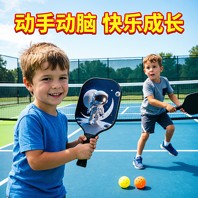 拼多多商品主图，保留图中的匹克球拍和球，修改背景为匹克球场，添加一个5岁小男孩拿着这只匹克球拍，和另一个5岁小男孩认真打球，画面上方添加醒目的大字"动手动脑 快乐成长"，整体风格明亮活力，符合电商主图规格