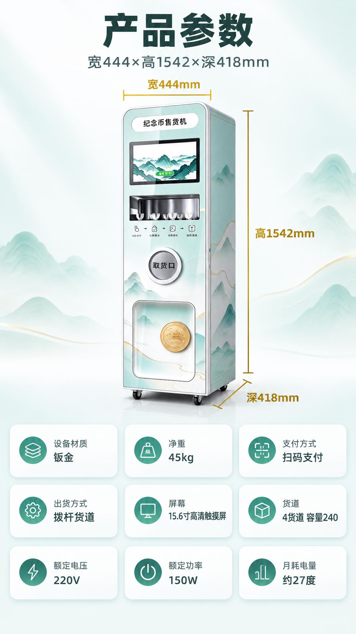 [商品] 使用【图1】纪念币售货机整机：白色与浅青绿窄高柜体、… - 图片创意预览