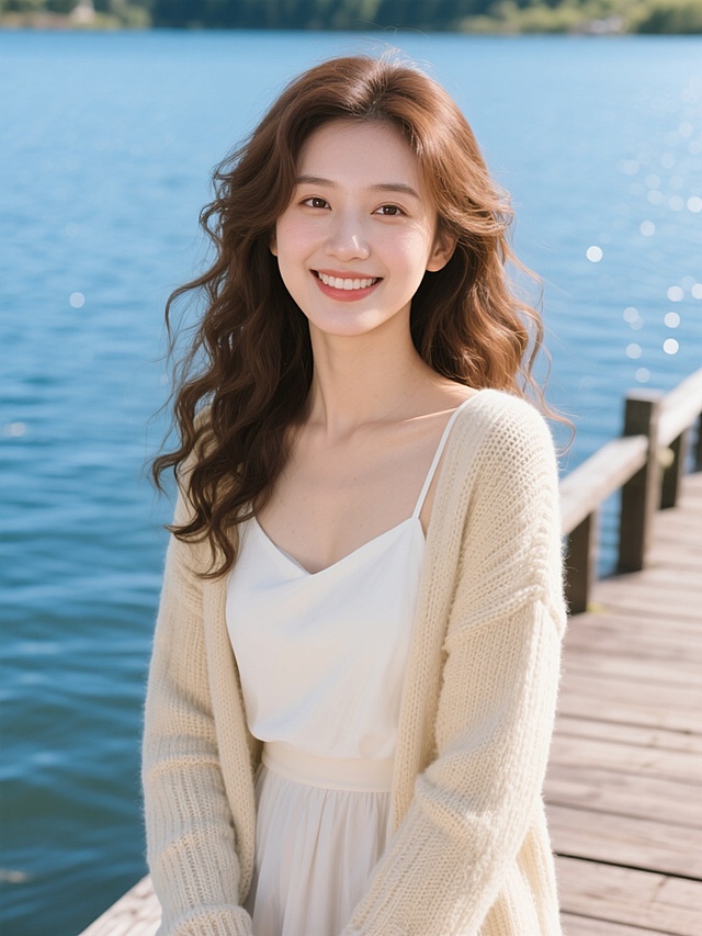 写实风格人像摄影，美女主体，棕色微卷长发，明亮有神的眼睛，自然微笑，柔和面部光影，阳光明媚的午后光线，温暖柔和的色调，波光粼粼的蓝色湖面背景，湖边木质栈道环境，穿着米色针织开衫搭配白色吊带裙，浅色系穿搭，发丝随风轻扬，清晰的皮肤质感，自然的妆容，高清晰度，浅景深，人物居中构图，宁静惬意的氛围。