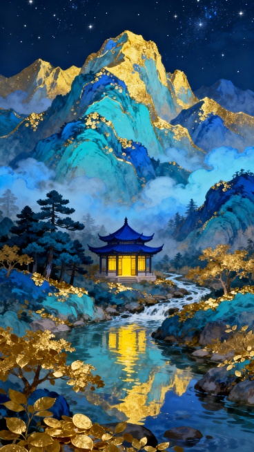 蓝金色调的中国风插画，深邃夜空点缀繁星，连绵起伏的山峦以多层次的靛蓝、湖蓝、青蓝渲染，山体轮廓与山脊线以明亮的金色勾勒并点缀金色光斑，山间云雾缭绕泛着柔和的淡蓝色光晕，山脚下清澈的溪流蜿蜒流淌，水面倒映着山影与金色光芒，溪边点缀着覆盖金色叶片的树木与深青色松树，画面中央有一座传统中式亭台楼阁，屋顶为深蓝色，门窗透出温暖的黄色灯光，整体营造出宁静、祥瑞、富贵的氛围，充满发财的吉祥寓意，色彩和谐统……预览效果