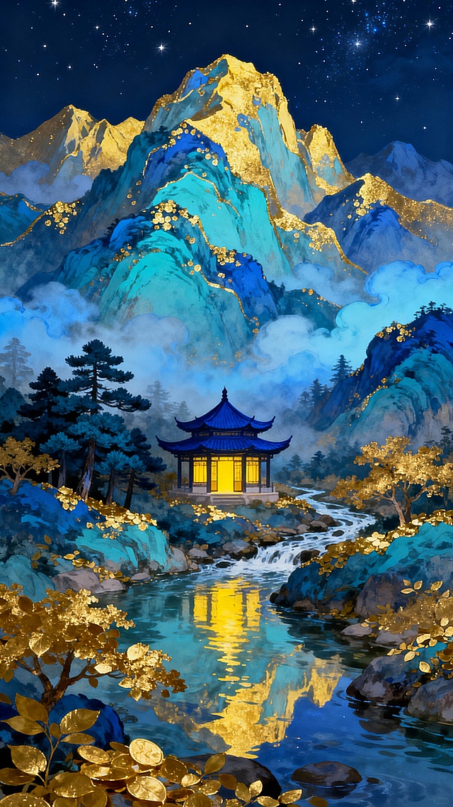 蓝金色调的中国风插画，深邃夜空点缀繁星，连绵起伏的山峦以多层次的靛蓝、湖蓝、青蓝渲染，山体轮廓与山脊线以明亮的金色勾勒并点缀金色光斑，山间云雾缭绕泛着柔和的淡蓝色光晕，山脚下清澈的溪流蜿蜒流淌，水面倒映着山影与金色光芒，溪边点缀着覆盖金色叶片的树木与深青色松树，画面中央有一座传统中式亭台楼阁，屋顶为深蓝色，门窗透出温暖的黄色灯光，整体营造出宁静、祥瑞、富贵的氛围，充满发财的吉祥寓意，色彩和谐统一，光影层次丰富，笔触细腻富有质感，构图采用传统山水画的深远意境，视觉焦点突出。
