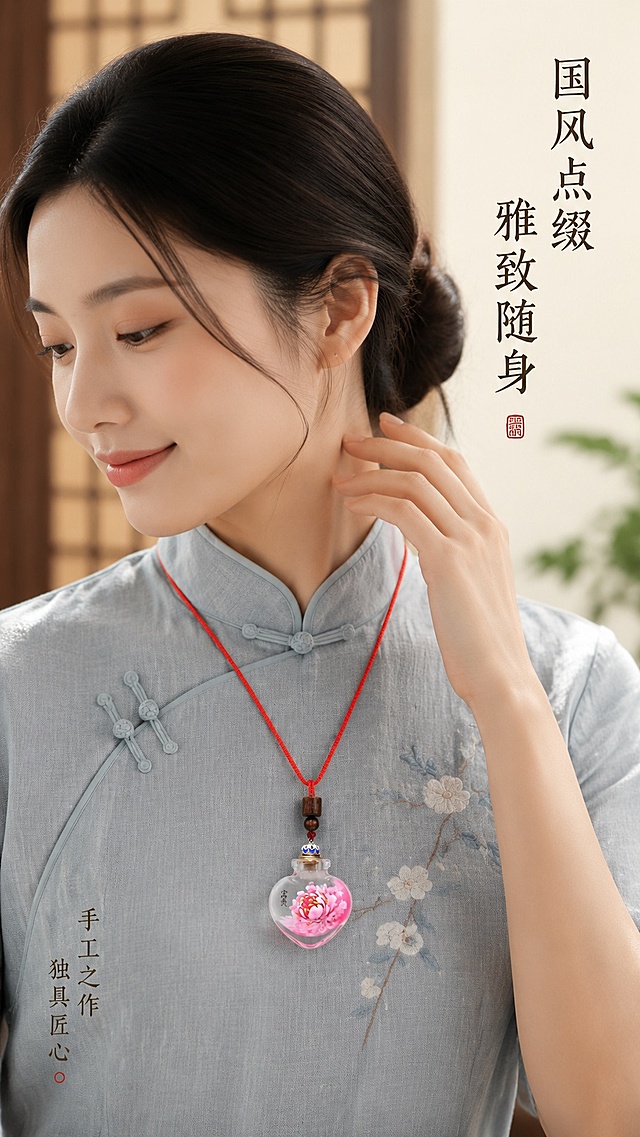 [第5屏] 详情页佩戴展示-非遗中式内画鼻烟壶吊坠上身效果展示。本屏使用【图1】作为商品主体
[氛围/风格] 温婉国风穿搭场景，亚洲女性模特，柔和自然日常穿搭质感
[元素布局] 模特侧身抬手展示颈部佩戴的吊坠，吊坠位于画面视觉中心，占比约30%，突出吊坠在穿搭中的点缀效果；模特身穿素雅棉麻旗袍，背景为简约中式隔断；吊坠外观结构颜色保持与图1完全一致
[光影质感] 室内自然光，柔和均匀，佩戴轮廓清晰，吊坠通透质感表现自然
[配色色系] 全局底色 #F0ECE2，主色棉麻浅素色，辅助色旗袍灰蓝，产品红粉色点缀
[视角构图] 中景半身视角，阅读动线从模特面部自然下移到吊坠
[文字版式] 右上标题「国风点缀 雅致随身」，左下小字「手工之作 独具匠心」，文字素雅不遮挡主体
[比例分辨率] 9:16竖版比例，4K分辨率，文字清晰可辨，高清画质
[负向提示词] 吊坠变形，颜色偏差，文字错乱，水印，低俗擦边，人物面部模糊