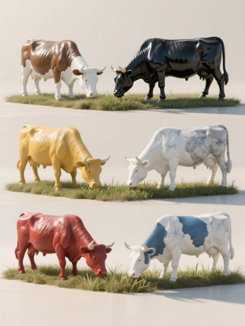 超写实摄影风格，浅色背景上，上下两行各三头对齐排列的牛造型，六只牛姿态统一为低头吃草，每只牛拥有独特配色（如棕色与白色、纯黑色、黄色与白色、灰色与白色、红色与白色、蓝色与白色）和不同材质质感（光滑亮泽的漆面、粗糙的陶土、金属拉丝、柔软的毛绒、磨砂质感的塑料、光滑的大理石纹理），牛的身体结构精准，肌肉线条清晰，皮毛纹理细致，草地上的草叶锐利分明，光影效果自然，光源来自左上方，牛身左侧有明亮高光，……预览效果