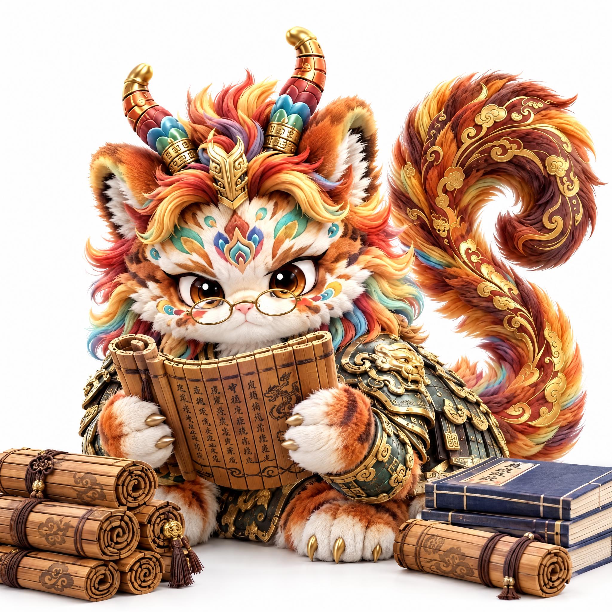 参考图中的五彩虎形小神兽（彩色鬃毛、双角、青铜金色铠甲、金色云… - 图片创意预览