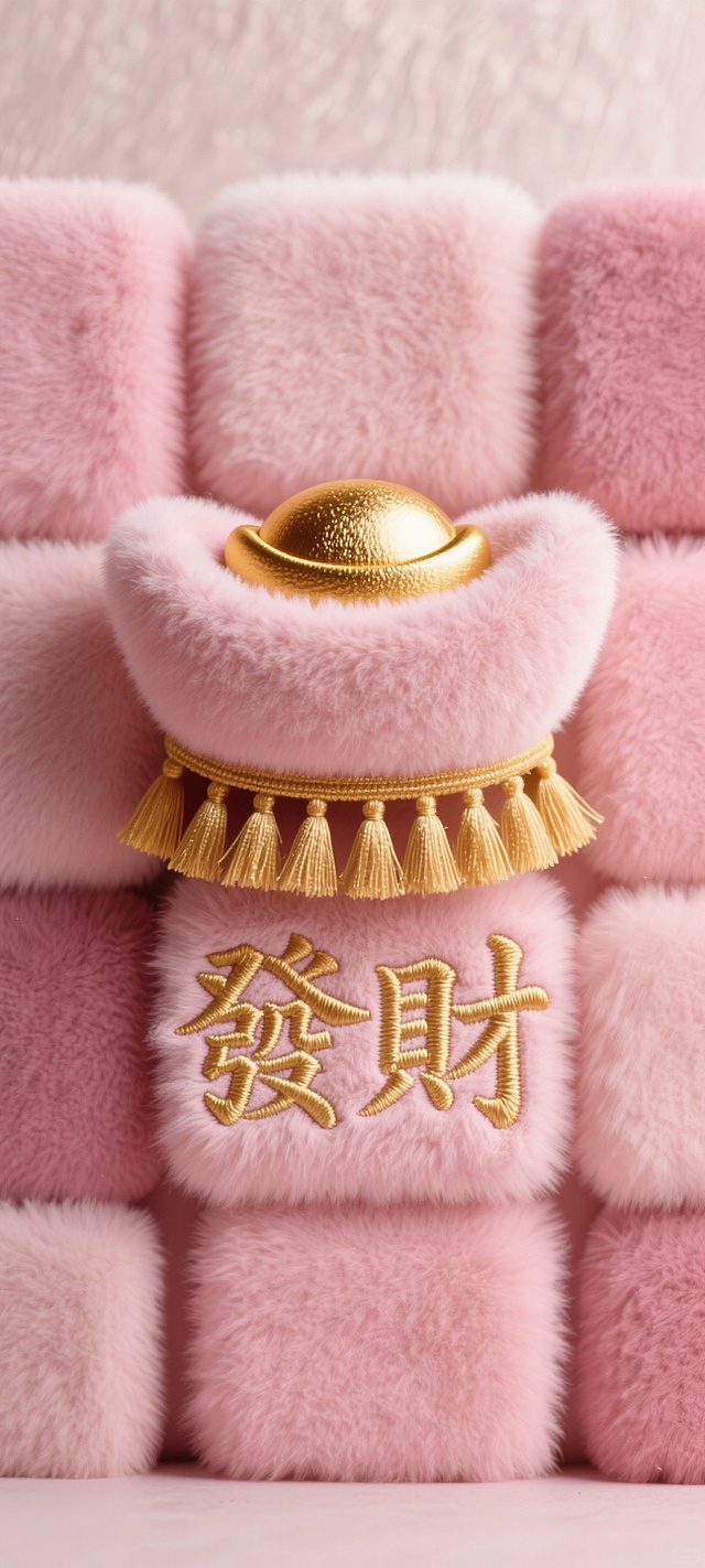 粉嫩毛绒质感搭配鎏金元宝与刺绣“发财”字，融合国潮风与轻拟物设计，营造甜蜜喜庆的中式节日氛围。