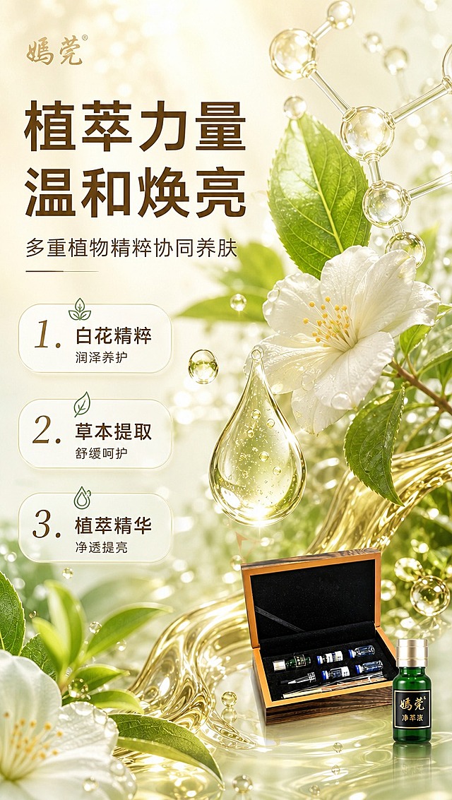 [商品] 使用【图1】嫣莞净萃液套盒中的绿色精华瓶与安瓶元素；保留瓶身颜色、材质、标签文字原貌；本页以成分为主视觉，产品缩小置于右下角点缀。
[画面] 目标：成分功效展示，突出植物精粹核心原料。构图：左侧大标题+3个编号成分利益点，右侧及背景为放大的植物原料（白花、绿叶、植物萃取液滴）+ 透明分子结构+金色精华液流动纹理。核心成分元素占画面60%以上，分子/液滴等单元素占画面30%以上。前景点缀悬浮水滴，中景原料大图，背景浅绿渐变水光。
[视觉] 套系策略：风格=光亮通透植萃护肤商业摄影风；标题字=现代简约粗黑体；正文字=纤细优雅无衬线体；主色=暖米金+草木绿；背景延展=基于暖米金做深浅渐变、水光纹理、植物剪影层次；强调色=翡翠绿，仅用于小面积图标、引线、标签和局部光效；标题色=深棕金；正文色=暖灰棕；组件=圆角胶囊信息卡、细线引线、水滴形图标；光影=左前侧暖柔光，产品边缘带轮廓光，整体通透明亮。
[文字] 左侧主标题「植萃力量 温和焕亮」，副标题「多重植物精粹协同养肤」；3条编号卖点：「1. 白花精粹 润泽养护」「2. 草本提取 舒缓呵护」「3. 植萃精华 净透提亮」；文字横排，字号手机端可读。
[规格] 图片比例9:16竖版，4K分辨率，负向提示：黑金奢华风、极简空白、淡斑色斑等违规词、文字竖排、产品变形、错字、冷蓝背景、优惠促销信息、小icon点缀式成分。