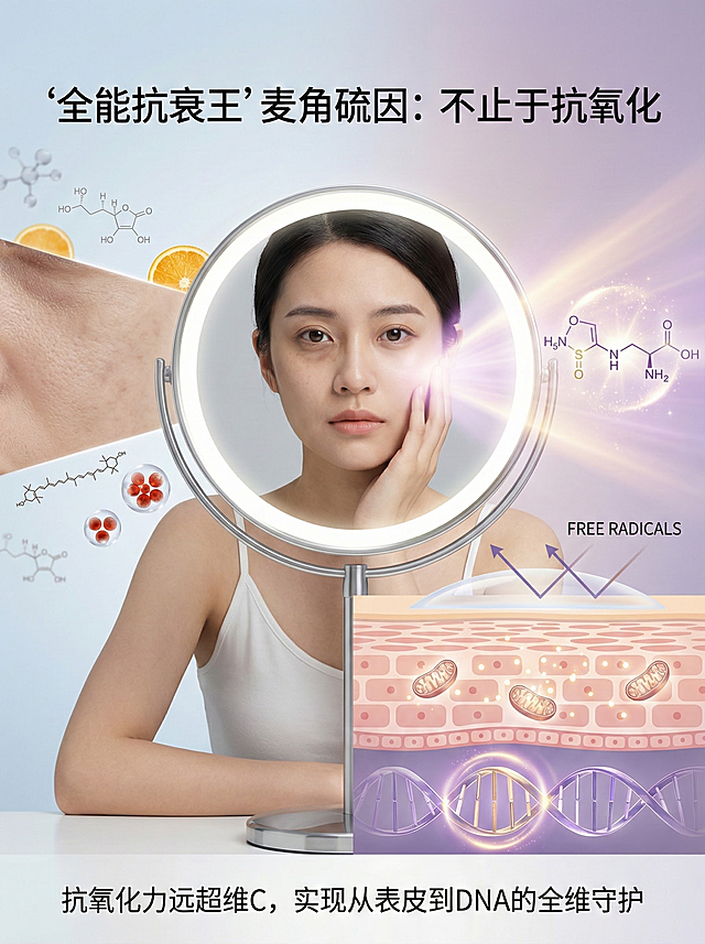 画面构图：

中心视觉： 一位面容姣好但略带疲惫（有轻微黑眼圈和皮肤暗沉暗示）的亚洲女性，正对着一面发光的圆形化妆镜。镜中映出她期待的脸庞。

左侧（问题区）： 镜子外她的真实皮肤局部特写，用柔光虚化方式呈现少许细纹和暗沉感。旁边漂浮着象征性的维生素C分子结构（或橙子切片）和虾青素分子（或红色雨生红球藻微缩图），但颜色略微暗淡。

右侧（解决方案区）： 从镜面中迸发出一道柔和而明亮的紫金色光芒，照亮她的脸颊。光芒中，清晰、闪耀的麦角硫因分子结构模型（C9H15N3O2S）优雅旋转。

分层保护视觉化（关键创意）： 在女性肌肤剖面示意图中，展现三层防护：

表层： 一层透明的光盾，阻挡“自由基箭头”的冲击。

中层（细胞）： 细胞能量工厂（线粒体）被微小的光点滋养，焕发活力。

深层（DNA）： 双螺旋DNA链被温和的紫金色光晕环绕保护。

文字区域： 顶部醒目标题：“‘全能抗衰王’麦角硫因：不止于抗氧化”。底部或一侧点缀小字：“抗氧化力远超维C，实现从表皮到DNA的全维守护”。

风格与质感：

风格： 现代科学美学与优雅护肤品广告的结合。偏向写实与半抽象科学插图的融合，干净、通透、高级。

色调： 以清晨的淡蓝、浅灰（代表困扰）为背景，过渡到暖金色、紫晶色和珍珠白（代表解决方案与科技感）。整体色调明亮，充满希望感。

质感： 皮肤质感真实，光线柔和但有戏剧性，分子结构有水晶般的剔透感，整体画面高清、细腻，具有视觉冲击力和信任感