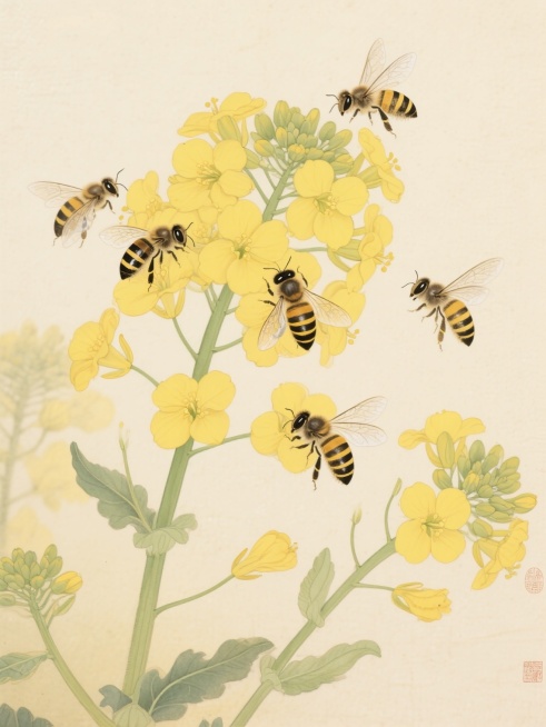 中国工笔画风格，淡黄色宣纸背景，细腻勾勒的黄色油菜花簇，花朵层次分明，花瓣边缘清晰，花蕊细节精致，绿色花茎挺拔，叶片纹理细腻，五只蜜蜂围绕花丛飞舞，蜜蜂翅膀透明轻薄，带有细致纹路，身体黑黄条纹分明，绒毛质感柔和，整体画面构图疏密有致，色彩明快清新，线条流畅，工笔勾勒与晕染技法结合，营造出自然生动、雅致细腻的春日氛围，蜜蜂造型各异，有的正停落花瓣上，有的展翅悬停，有的低头采蜜，动态丰富多样。预览效果