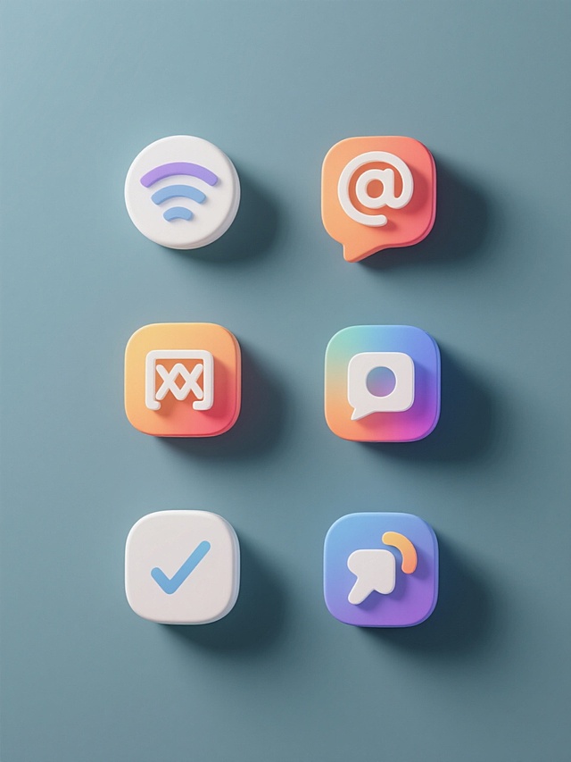 3D风格图标设计，六个不同的网站图标呈规整排布，整体造型简约现代，纯色背景，无任何文字、logo和水印。图标具有立体感，光影效果柔和，边缘清晰，色彩鲜明，符合现代网页设计美学。