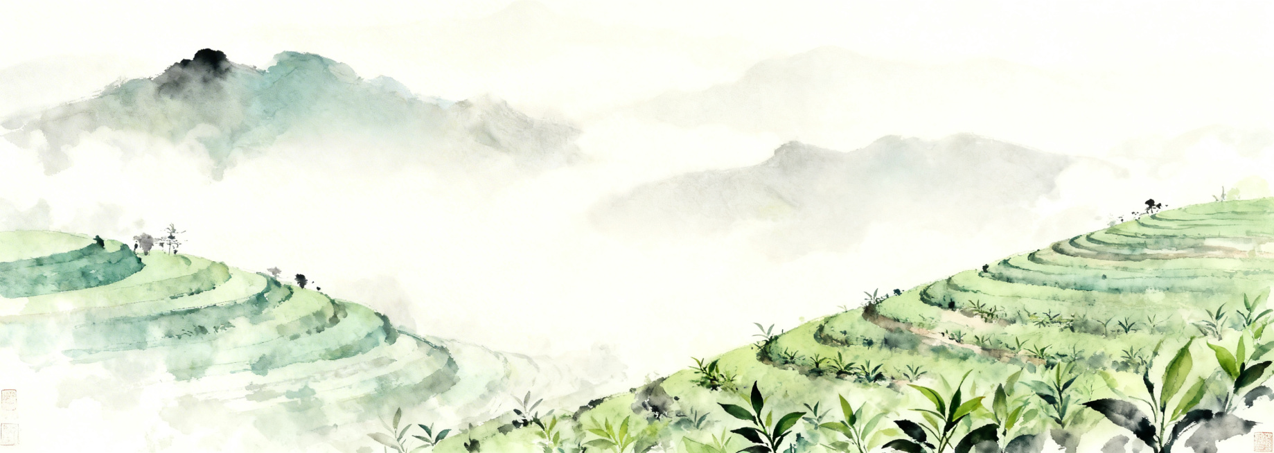 保留原图淡雅国风风格，移除前景的大碗元素，保留原有的淡绿色茶山和云雾山水背景，去掉周围的画卷元素，扩展背景内容保持风格统一预览效果