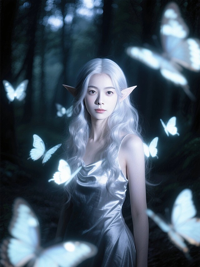 特写镜头，唯美精致的精灵少女（奶油肌，银色波浪长发，银色的连衣裙，发着光），环绕无数动态模糊的发光蝴蝶，大光圈虚化的森林背景