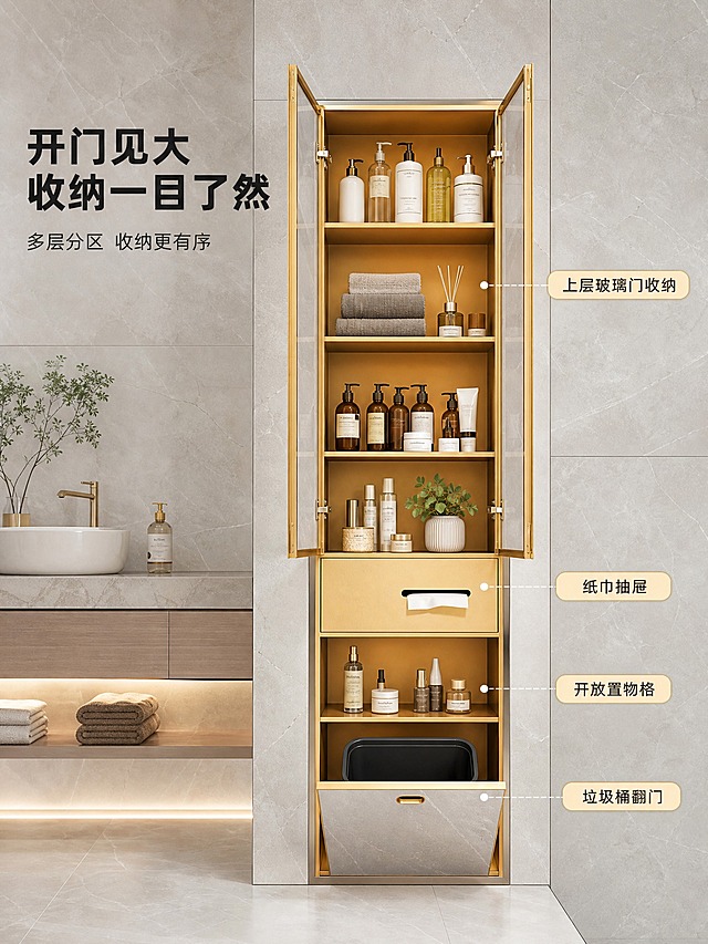 [商品] 使用【图3】金色款双门打开状态瓷砖门板隐形壁龛高柜；保留双门打开、内部多层分区收纳、垃圾桶翻门打开、抽屉纸巾口等所有内部结构；金色边框，门板贴瓷砖隐形设计。
[画面] 页面目标：开门内部结构展示，展示多层分区收纳与垃圾桶翻门功能。构图：产品居中嵌入墙内，双门向外完全打开，垃圾桶翻门也呈打开状态，清晰展示内部各层收纳空间；周围有少量卫浴用品作点缀；左侧或上方放主副标题；背景为浅灰色大理石纹卫生间。
[视觉] 套系策略：风格=现代轻奢商业摄影；标题字=现代无衬线粗黑体；正文字=简洁无衬线体；主色=金色+浅灰；背景延展=浅灰大理石墙面、暖白柔光；强调色=香槟金；标题色=深炭灰；正文色=中暖灰；组件=圆角分区标签、细线引线；光影=侧前柔光，内部暖光均匀照亮各层。
[文字] 左上主标题两行「开门见大 收纳一目了然」，副标题一行「多层分区 收纳更有序」；内部各层旁用引线标注：「上层玻璃门收纳」「纸巾抽屉」「开放置物格」「垃圾桶翻门」；文字均横排。
[规格] 比例3:4竖版，2K；负向：变形、错字、结构错乱、开门方向错误、悬浮感、水印、人物。