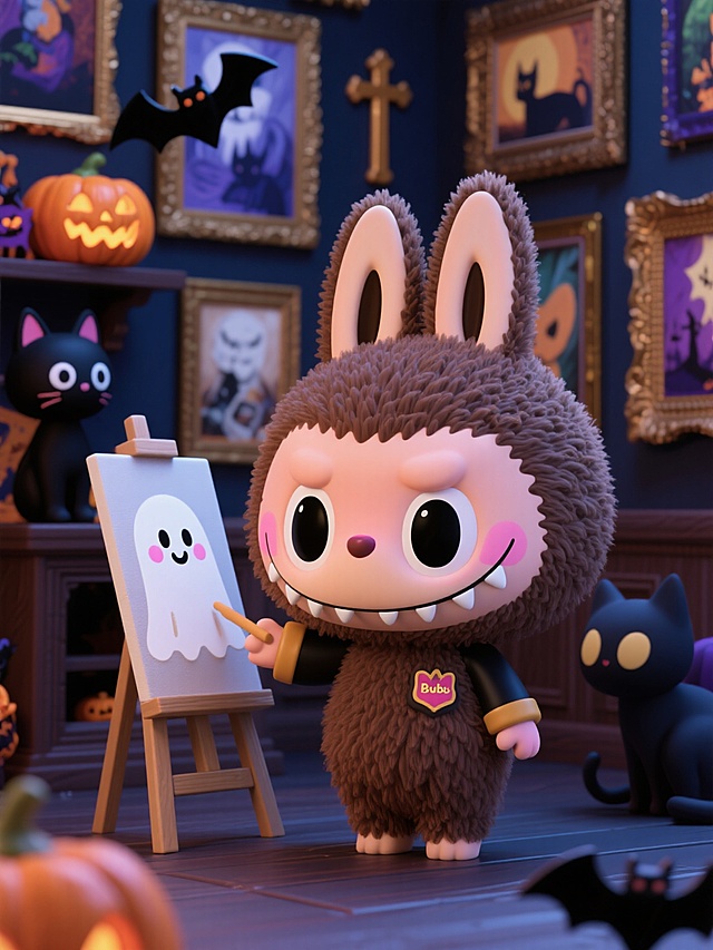 labubu在画架前画可爱的幽灵，背景是摆满艺术画作的收藏室，点缀黑猫、南瓜灯、蝙蝠、十字架元素，万圣节氛围