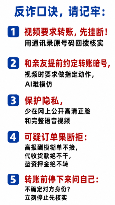 [第4屏] 反诈五条硬核口诀
[氛围/风格] 口诀化易记，条理清晰
[元素布局] 五条口诀从上到下排列，编号+口诀，每条占一段
[配色色系] 白底，编号蓝色，口诀要点红色
[文字版式] 标题 "反诈口预览效果