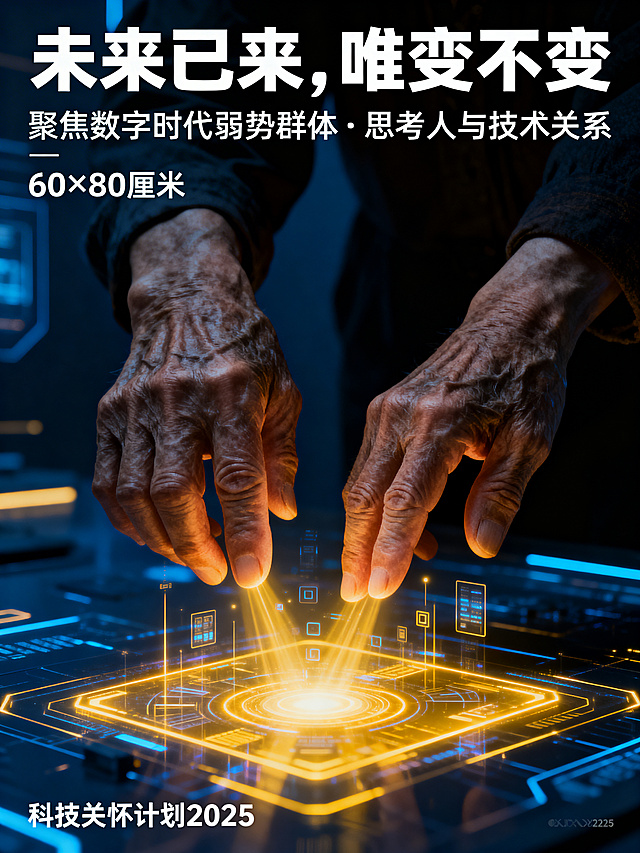 科技主题海报设计，主题文字"未来已来，唯变不变"。引发对人与技术关系的思考，带有强烈社会关怀，聚焦数字时代弱势群体。布局疏密有致，视觉冲击力强，第一时间抓住眼球。画面运用隐喻设计：一双苍老的手从黑暗中伸出，触摸发光的数字虚拟界面，连接真实与虚拟世界，温暖光束象征希望与包容。深蓝色科技背景搭配暖黄色高光，具有强烈感染力和人文温度。竖版构图，尺寸比例匹配60×80厘米。