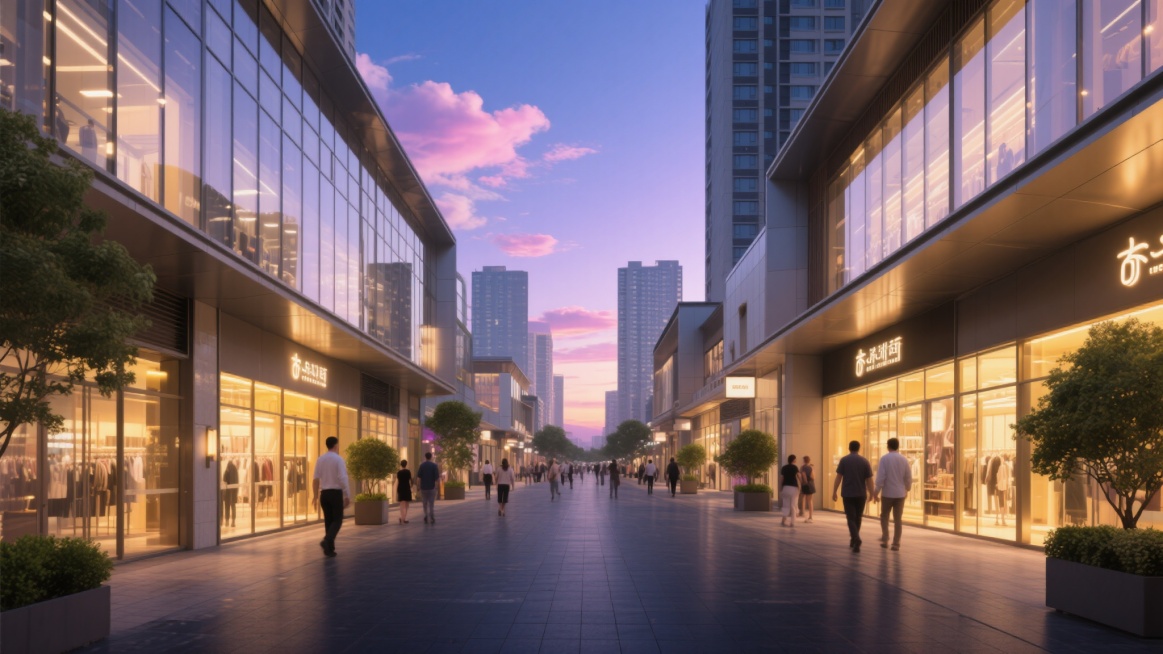 商业地产项目户外商业街黄昏透视图，现代简约建筑风格，玻璃幕墙与金属框架结构，暖黄色灯光从店铺透出，天空呈现渐变蓝紫色晚霞，点缀粉白色云朵，远处高楼林立，商业街行人悠闲漫步，店铺招牌隐约可见，地面铺设深色防滑地砖，两侧绿植盆栽点缀，整体氛围明亮通透、高端时尚，具有强烈的商业吸引力和空间纵深感，光影对比柔和，色彩和谐统一，符合商业宣传的视觉需求。预览效果