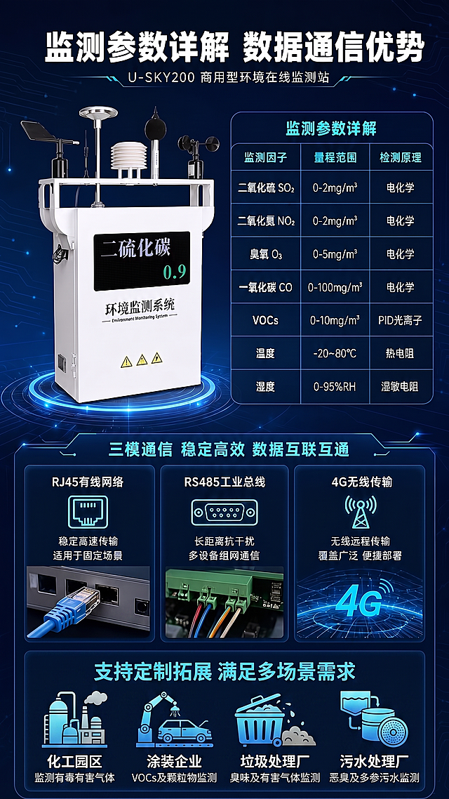 下方通讯模块这边都改掉：监测参数可扩展，满足多场景定制需求。化工园区、涂装企业、垃圾处理厂、污水处理厂