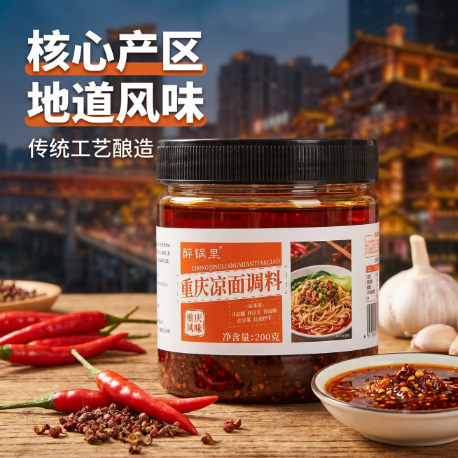 [主图-2] 重庆凉面调料核心卖点展示，突出地道川渝风味。
[氛围风格] 产地溯源真实风，食欲感强
[画质] 商业摄影质感、光线柔和通透、产品清晰真实、画面干净高级。保持产品外观（物理结构、材质质感、预览效果