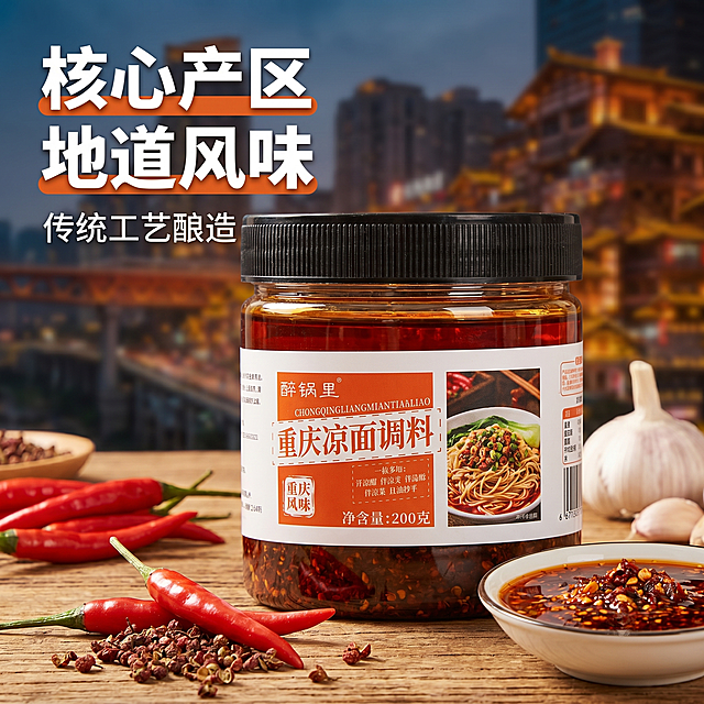 [主图-2] 重庆凉面调料核心卖点展示，突出地道川渝风味。
[氛围风格] 产地溯源真实风，食欲感强
[画质] 商业摄影质感、光线柔和通透、产品清晰真实、画面干净高级。保持产品外观（物理结构、材质质感、颜色）与输入产品图绝对一致，杜绝任何变形和色差，精细化处理。商品主体占比严格控制在60%-80%之间，画面满屏无边框。
[元素] 产品罐子放在画面下半部分，上半部分融入重庆山城街景背景，模糊处理突出产品。周围散落新鲜辣椒、花椒等核心原料，增加食欲和真实感。
[光影] 自然光漫反射，整体明亮干净，突出红油调料的红亮色泽，原料纹理清晰。
[配色] 背景重庆街景灰调，产品橙白色突出，红辣椒青花椒点缀，色彩自然和谐。
[视角构图] 平视居中构图，主体突出，背景景深自然。
[文字版式] 左上大字文案"核心产区 地道风味"，白色粗体字叠加浅橙底，清晰醒目，不遮挡产品主体；下方小字标注"传统工艺酿造"，字体缩小一半。
[比例分辨率] 1:1 比例，800*800 像素，2k分辨率，文字清晰可辨，超高清。
[负向提示词] 变形，水印，文字错乱，产品图模糊，背景杂乱