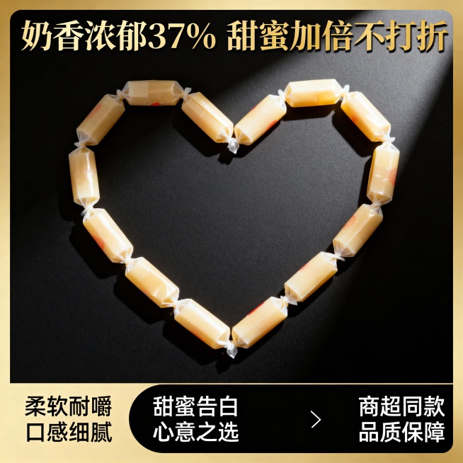 这张图片是产品主体这款产品是上海冠生园大白兔奶糖 我需要设计20张主图在拼多多上面售卖    主图场景布局可以用 等设计一个高级一些主图文案内容  甄选内蒙古黄金奶源带的优质鲜奶 奶香浓度比普通奶粉高预览效果
