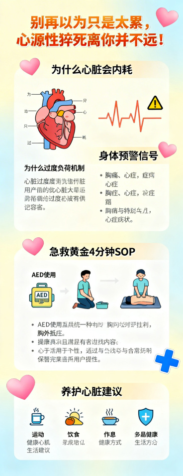 制作一张健康科普长图，主题是心源性猝死预防科普。包含标题'别再以为只是太累，心源性猝死离你并不远！'，正文内容：为什么心脏会内耗、身体预警信号、急救黄金4分钟SOP、养护心脏建议，整体风格温暖治愈，医预览效果