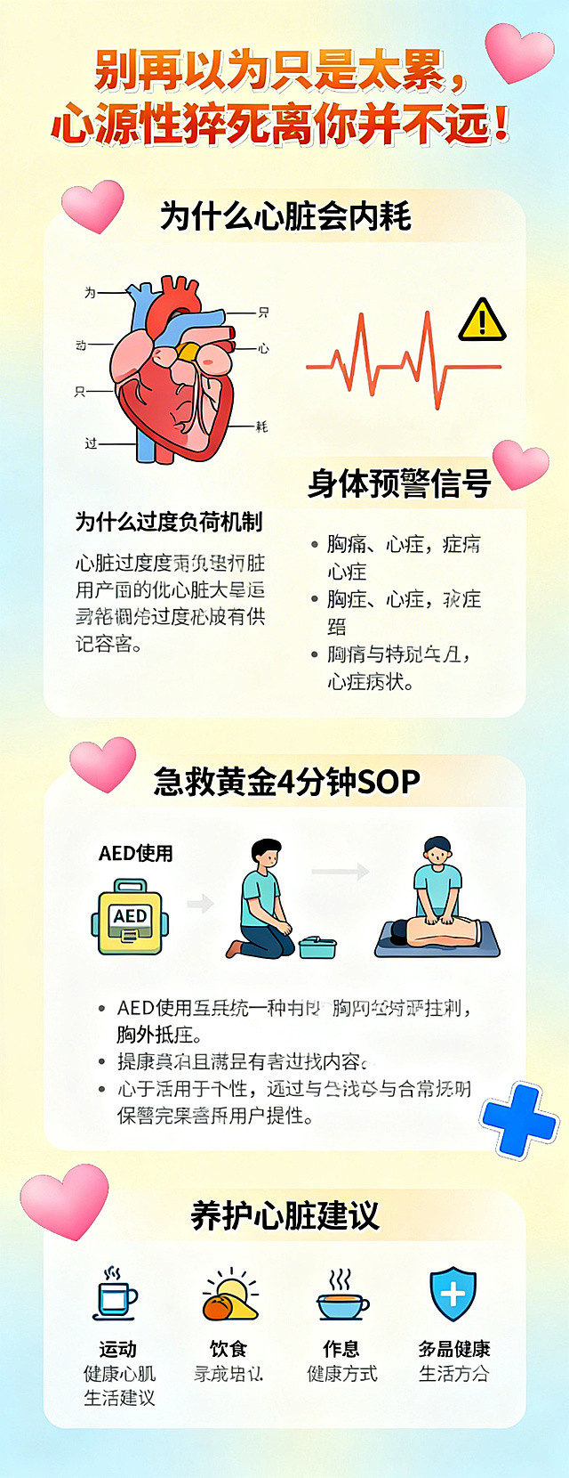 制作一张健康科普长图，主题是心源性猝死预防科普。包含标题'别再以为只是太累，心源性猝死离你并不远！'，正文内容：为什么心脏会内耗、身体预警信号、急救黄金4分钟SOP、养护心脏建议，整体风格温暖治愈，医疗科普风格，图文排版清晰，文字完整保留用户提供的全部内容，搭配简约爱心和医疗元素插图