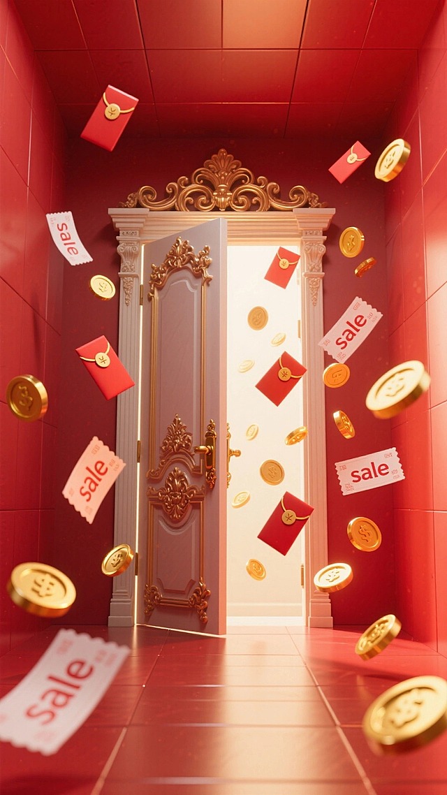 红色立方体空间尽头是打开的精致欧式雕花大门，四周的金币、红包、sale优惠券向门急速飞去，强动态感