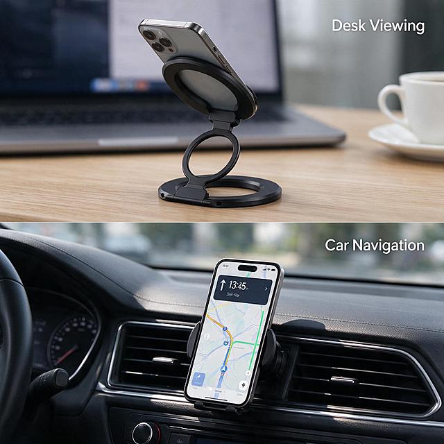 [主图-4] Magnetic Phone Ring Holder 真实使用场景图，桌面+车载双场景展示。
[统一基调] 跨境真实场景摄影风格，自然光感，现代简约办公/车内环境，产品自然融入场景，不突兀。
[画面] 画面采用上下分屏双场景布局，各占约50%高度。上半部分为桌面办公场景：现代简约办公桌，浅木色桌面，黑色磁吸指环支架立在桌上，顶部磁吸环吸附着一部智能手机，手机呈约60°倾斜角度方便观看，旁边有笔记本电脑和咖啡杯的虚化背景，营造办公追剧/视频会议场景。下半部分为车载场景：汽车中控台特写，黑色指环支架安装在空调出风口位置（或中控台面），磁吸环吸附着手机呈导航角度，车内为深色内饰，光线从车窗射入，真实自然。两个场景都展示产品实际使用状态，而非孤立摆放。
[光影质感] 真实自然光摄影质感，桌面场景柔和漫射光，车载场景有车窗入射的自然光线，产品光影与环境一致，接触阴影真实，无悬浮感。
[配色] 上半场景暖木色+白色为主，下半场景深灰车内饰为主，产品黑色统一，整体色调和谐自然。
[文字版式] 每个场景角落加极简英文标签，上场景右上角："Desk Viewing"，下场景右上角："Car Navigation"。文字为白色细体无衬线，字号小，不干扰画面主体。
[输出要求] 1:1正方形，2K分辨率，场景真实自然，产品外观结构与输入图一致，磁吸吸附关系合理。负向：产品变形、结构错误、悬浮、穿模、人物面部、水印、中文、夸张滤镜、杂乱背景。