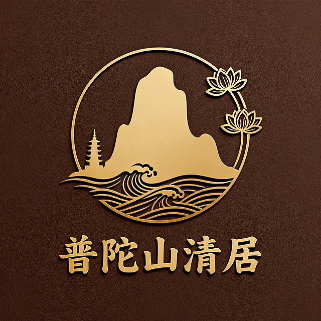 设计一张LOGO，名为"普陀山清居"，是佛教周边产品店铺的品牌标识，和普陀山相关，充满佛教文化底蕴，风格典雅古朴，融入普陀山海天佛国的意境，带有禅意元素，线条简洁有设计感