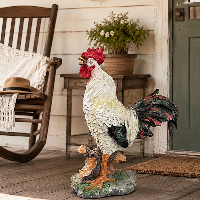 [主图-3] Extra large white rooster statue matching rural farm decoration style scene. Maintain the appearance (physical structure, material texture, color) of the rooster statue from the input image completely consistent, eliminate any deformation and chromatic aberration, fine processing. The product is placed in an American rural style entrance porch, with retro wooden furniture and simple pastoral soft clothes around, highlighting the perfect matching effect of product and space style. The overall space is naturally warm, the product becomes the focal point of the space, enhance the level of space. Keep the picture clean, product subject prominent. 1:1 ratio, commercial photography texture, natural soft light. Negative prompt: deformation, text disorder, product image blur, messy background, watermark, e-commerce platform Logo.
