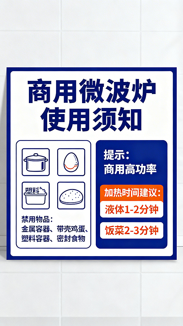 商用微波炉使用须知宣传海报，标题为"商用微波炉使用须知"，图文并茂，清晰展示禁用物品：金属容器、带壳鸡蛋、塑料容器、密封食物，同时标注提示商用高功率，建议加热时间：液体1-2分钟，饭菜2-3分钟，整体风格简洁明了，适合员工阅读，配色专业醒目，信息层级清晰