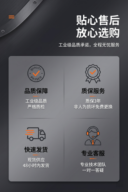 2:3竖屏，电商详情售后保障屏，整体统一高级工业风，视觉简洁高级，强化用户购买信心，无需严格还原产品细节（重点展示服务内容）。背景为深灰渐变背景，搭配细微金属纹理，采用图标+文字的杂志式排版，画面分为预览效果