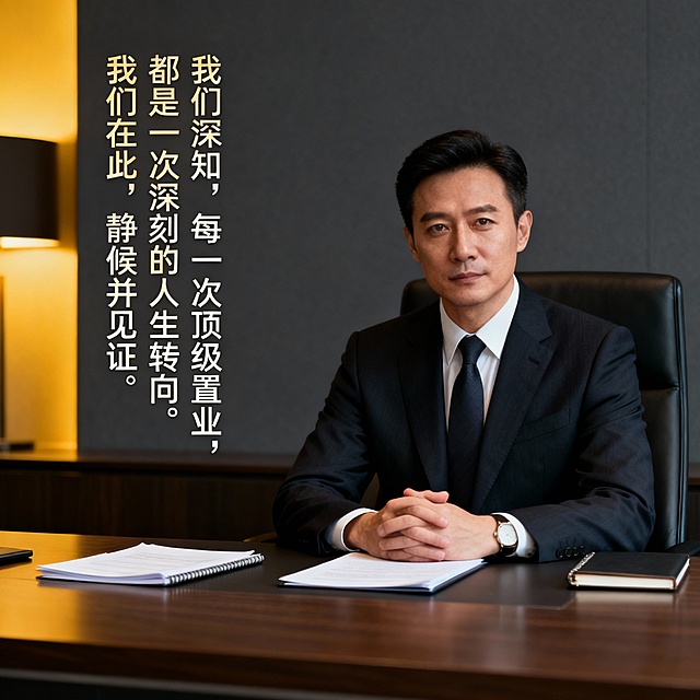 形象图：一张体现您专业服务的图片，搭配一句总结性文案。例如：“我们深知，每一次顶级置业，都是一次深刻的人生转向。我们在此，静候并见证。”
