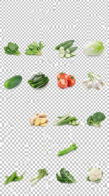 对图中每一个蔬菜元素进行高清重绘优化，保持蔬菜的真实形态和颜色，提升画质清晰度，保留原有透明背景预览效果