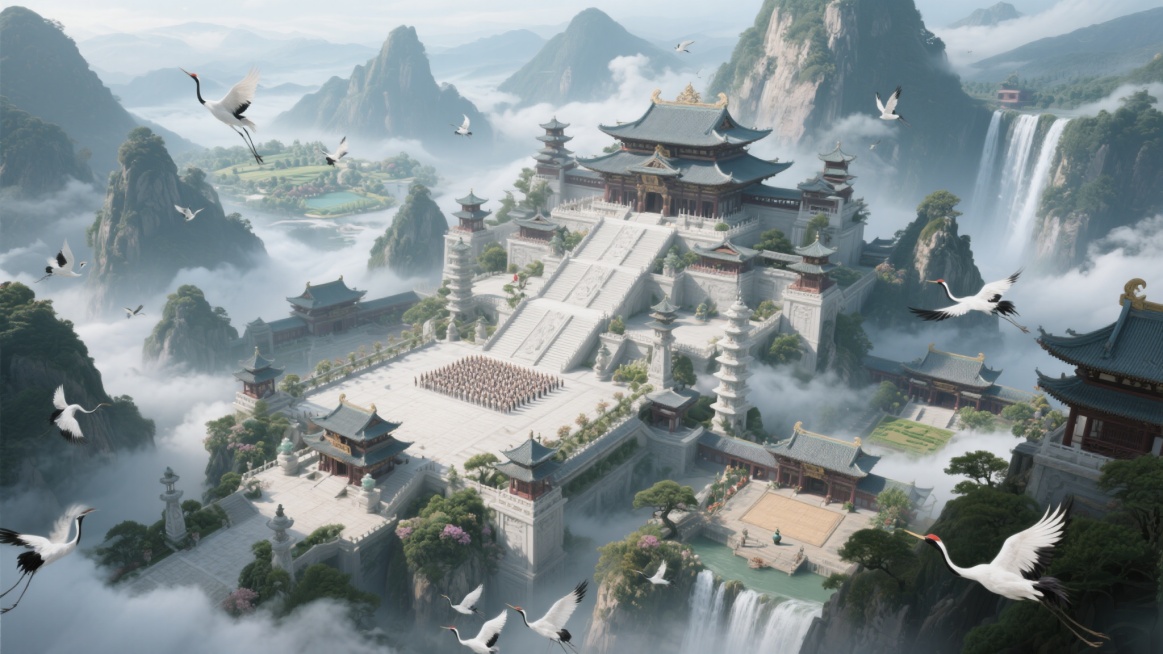 俯视角下的超大型修仙宗门全景，占据整个山谷及多座相连山峰，主殿群宏伟壮观，包含千级白玉石阶、万人大广场、藏经阁、炼丹塔、演武场、长老院等数十种功能建筑，云雾缭绕于建筑群之间，仙鹤群飞过，远处有瀑布与灵预览效果