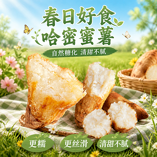 哈密蜜薯食品营销海报，1:1正方形，春日田园风格。户外田园场景，嫩绿草地背景，阳光明媚，有小花和蝴蝶点缀。草地上铺着野餐布，上面摆放着掰开的哈密蜜薯，100%还原参考图蜜薯外形和白心质感。顶部清新主标题："春日好食 哈密蜜薯"，下方副标题："自然糖化 清甜不腻"。底部三个绿叶形状卖点标签："更糯"、"更丝滑"、"清甜不腻"。清新自然，春日氛围，明亮轻快，超高清。画面中所有数字必须精确渲染，所有信息区域填充完整。