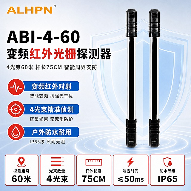 [主图-1] ABI-4-60 变频红外光栅探测器 首图KV版。参考[image1]模板版式结构：左上ALHPN品牌LOGO + 左侧竖排3个卖点图标列表 + 右侧一对产品大图 + 底部5个红框参数栏。产品使用【图2】一对红外光栅探测器。
[统一基调] 报警行业专业配色：浅蓝+浅灰+警示红点缀；产品名称黑色粗体凸显；字体=现代无衬线粗黑体（标题）+ 简洁无衬线中黑体（正文）；组件=红色圆形图标底+白色线性图标+蓝色圆角横条白字卖点标题+灰色小字说明、底部红框白底黑字参数卡+红色图标、淡蓝色多层半透明盾形背景元素；背景=浅蓝到浅灰渐变棚拍背景，底部同心圆波纹光晕，柔和高级，无留白。
[画面] 左上角放【图3】ALHPN橙色品牌LOGO带®标。右侧一对ABI-4-60红外光栅探测器竖直并排站立，占画面约55%，产品外观严格保持【图2】原始形态：黑色上下端盖、银色金属管身、透明外罩、顶部发射接收窗口、底部接线端，不扭曲不变形不改色，杆长按75CM比例呈现（比50CM款更长）。左侧从上到下排列3个卖点组（红色圆形图标+蓝色圆角横条白字标题+灰色小字说明）。右侧产品后方有淡蓝色多层半透明盾形背景元素，底部有同心圆波纹光晕，象征安全防护。底部通栏5个红色边框白底的参数卡片横向排列，每个卡片含红色图标+黑色参数名+黑色大数字参数值。画面无空白区域，信息饱满。
[光影质感] 柔和棚拍光从左前方打光，产品金属管身有自然高光反射，底部有柔和接触阴影，立体感强，整体明亮通透。
[配色] 主色浅蓝+浅灰，强调色警示红仅用于圆形图标底、参数框边框、卡片内图标、产品名称中「红外光栅」四字小面积点缀，产品型号与名称纯黑色，副标题和说明深灰色，背景浅蓝到浅灰渐变。底部参数卡为红框白底黑字。
[文字版式] 左上LOGO下方主标题黑色粗体大字「ABI-4-60」，下一行黑色粗体大字「变频红外光栅探测器」，其中「红外光栅」四字用红色强调。再下一行深灰色副标题「4光束60米 杆长75CM 智能周界安防」。左侧3个卖点：①红圆图标（波形）+蓝条「变频红外对射」+灰字「智能变频 抗强光干扰」②红圆图标（靶心）+蓝条「4光束精准侦测」+灰字「密集光束 无死角防护」③红圆图标（水滴）+蓝条「户外防水耐用」+灰字「IP65级 风雨无阻」。底部5个红框参数卡（白底黑字+红图标）：探测距离 60米 | 光束数量 4光束 | 杆体长度 75CM | 响应时间 ≤50ms | 防水等级 IP65。所有文字横排，手机端清晰可读。
[输出要求] 比例1:1正方形，2K分辨率，文字清晰，产品清晰不变形；负向：禁止产品扭曲变形、颜色改变、结构缺失、文字竖排斜排、深色纯黑背景、过于鲜艳彩色、大面积留白、平台LOGO水印、极限词。